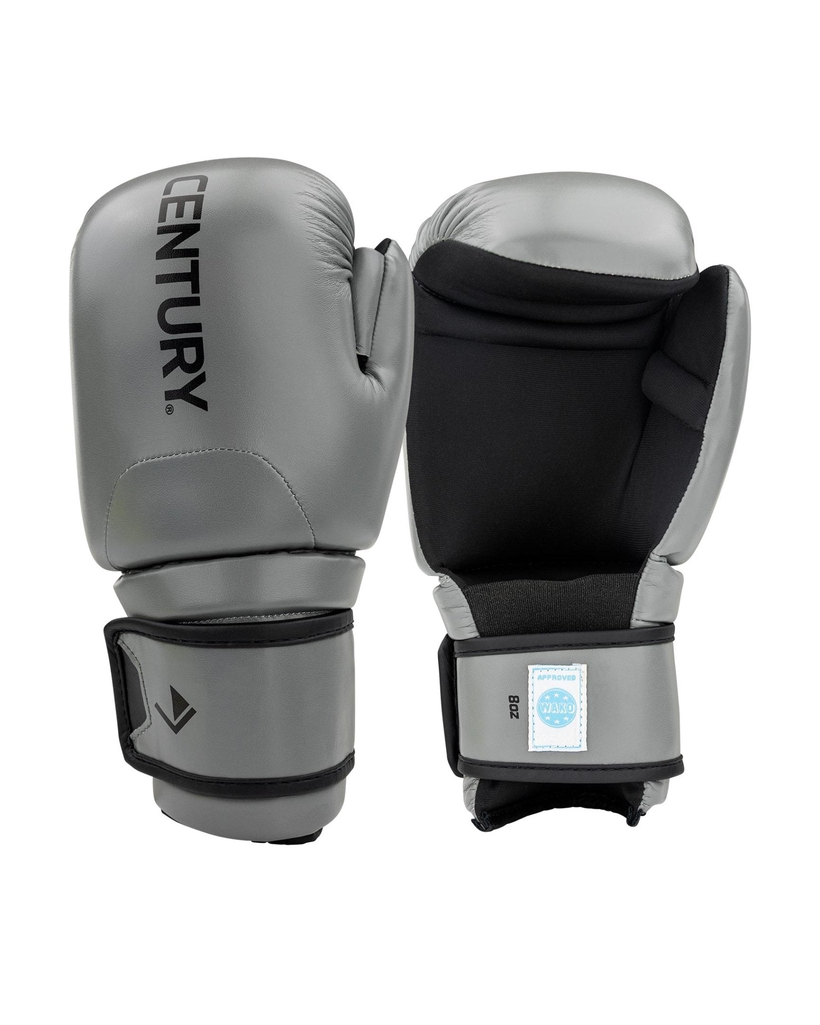Pair of gray and black boxing gloves with WAKO wrist patch and strap