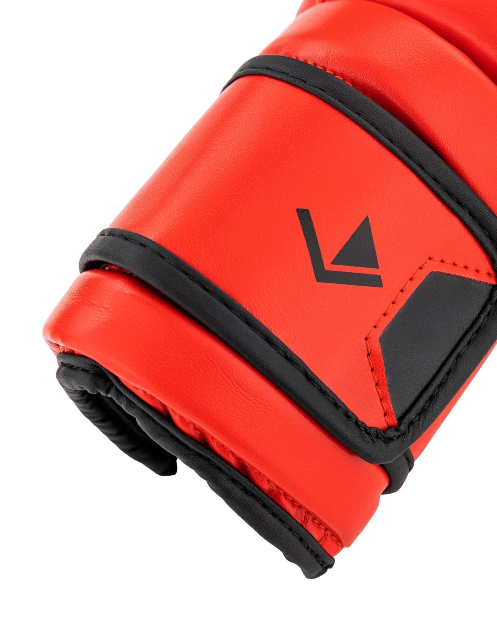 Red punch mitt with black trim and logo panel, padded wrist strap