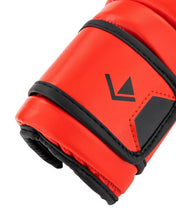 Red punch mitt with black trim and logo panel, padded wrist strap