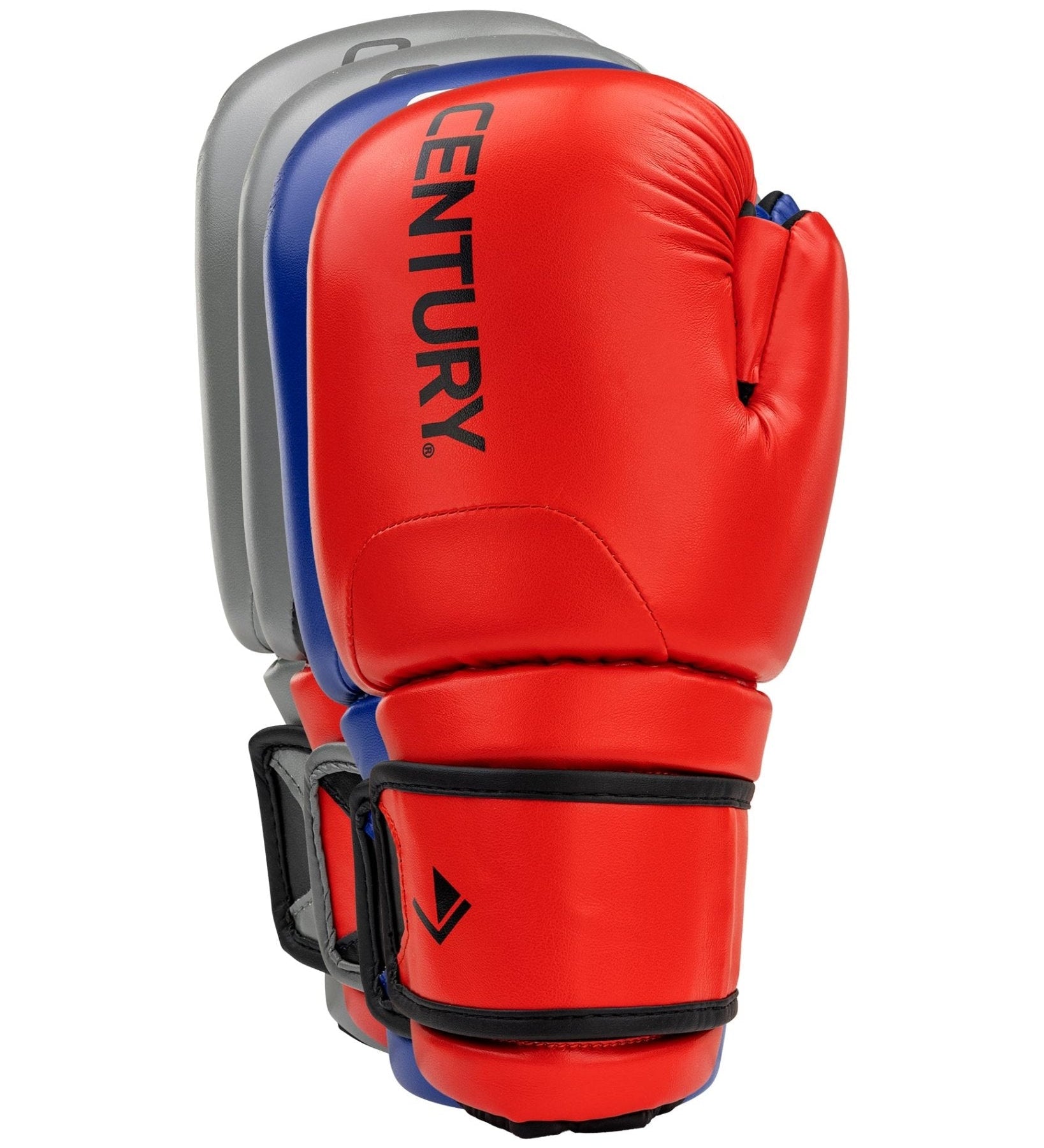 Red and gray boxing glove with blue trim and black adjustable wrist strap