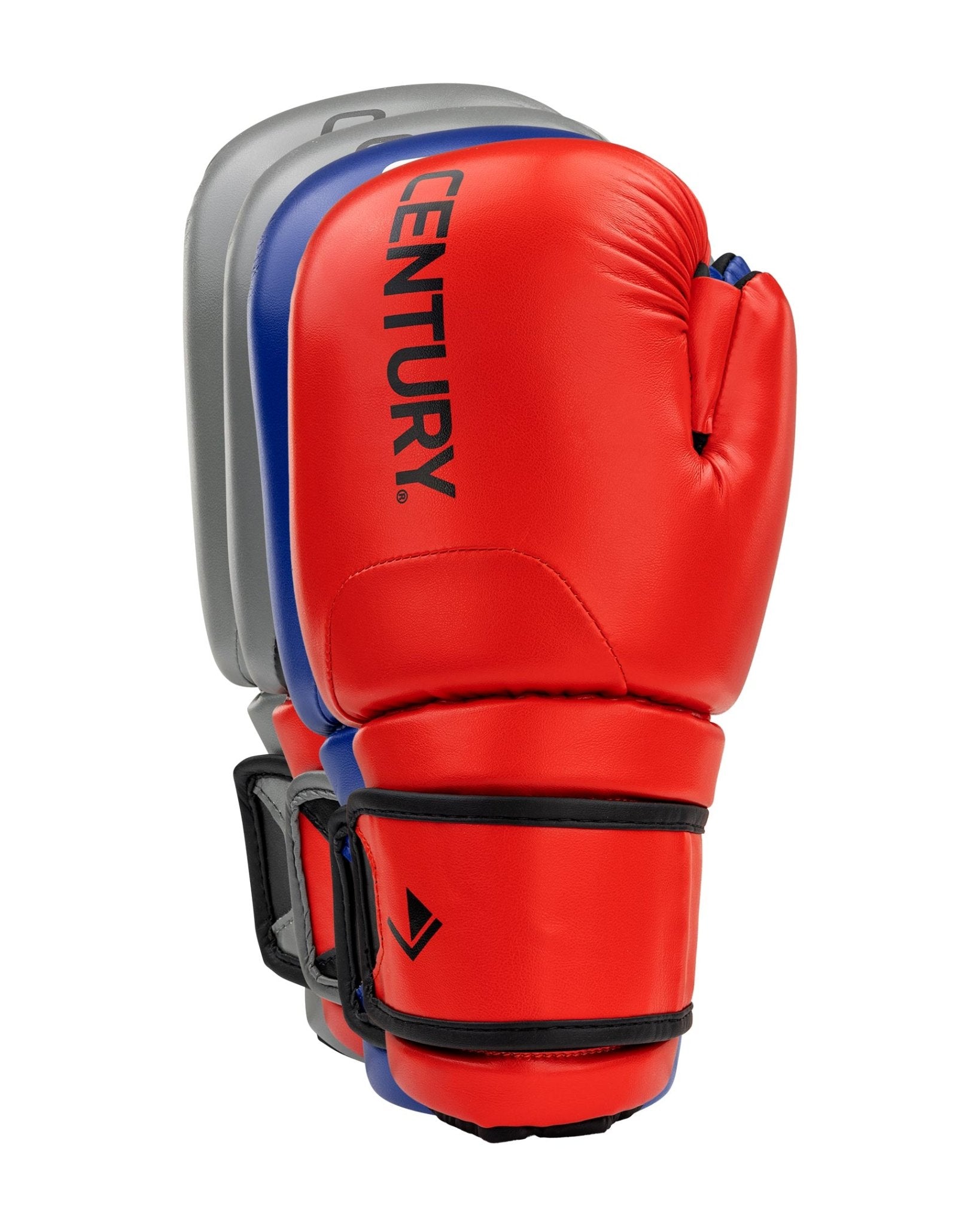 Red and gray boxing glove with blue trim and black adjustable wrist strap
