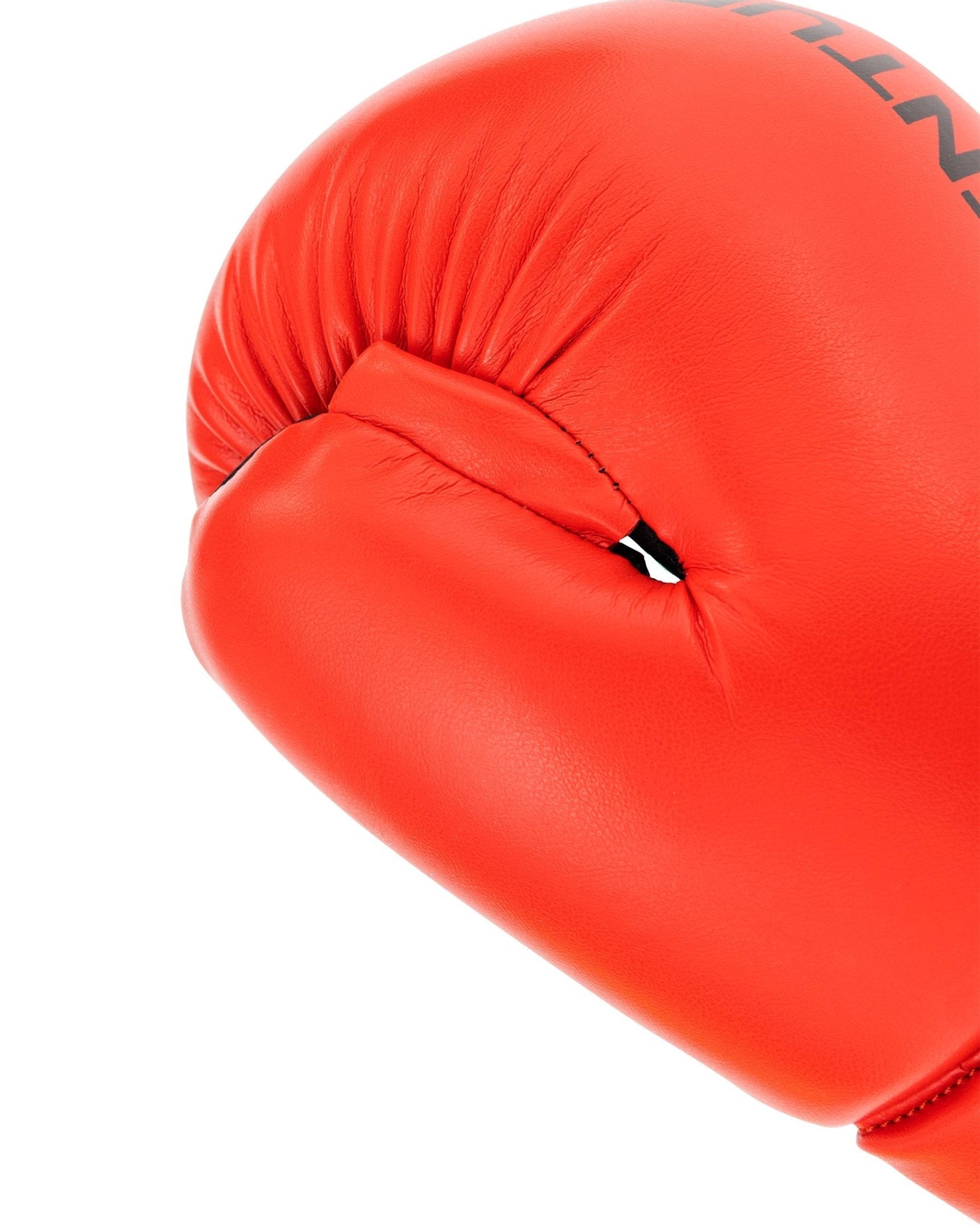 Red boxing glove front with stitched knuckle panel and thumb seam