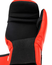 Red boxing punch mitt with black interior and padded wrist strap