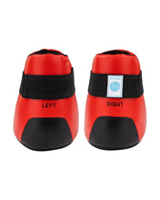 Red ankle kicks with black base and LEFT/RIGHT labels on heel area