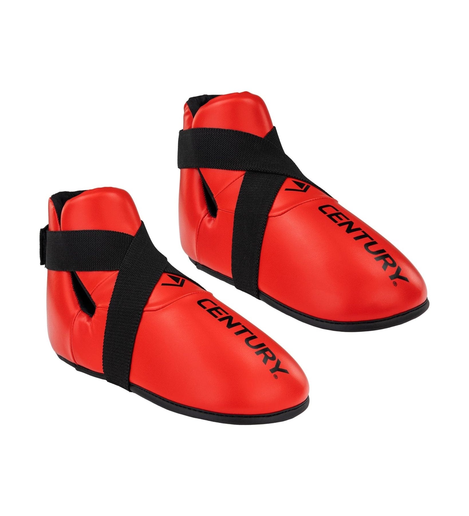 Red ankle kicks with black strap and CENTURY text on side, pair view