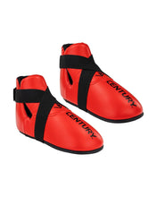 Red ankle kicks with black strap and CENTURY text on side, pair view
