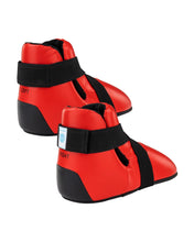 Red and black ankle boxing kicks with hook-and-loop strap and padded cuff
