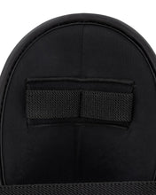 Black padded ankle kick with centered hook-and-loop strap panel