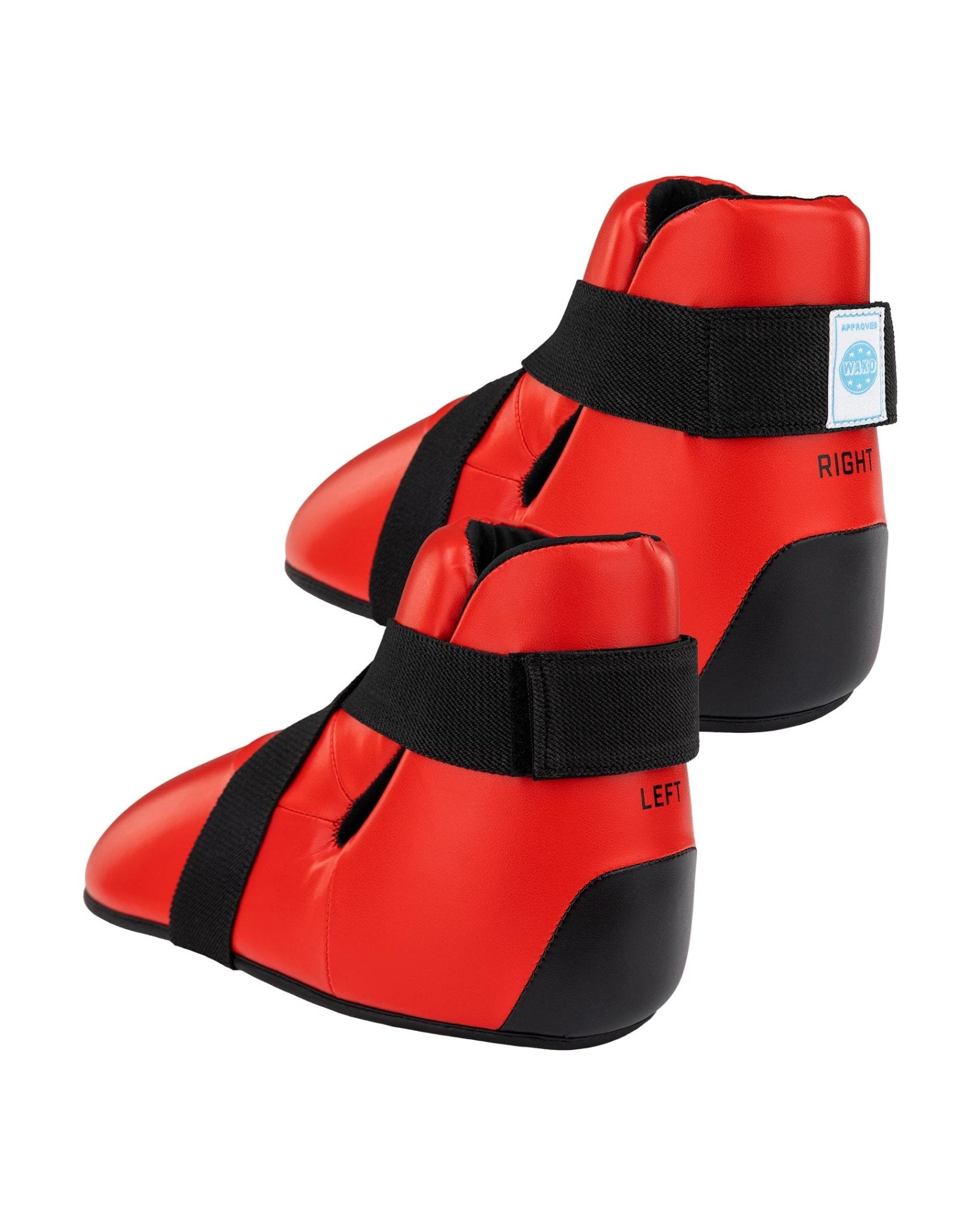 Red ankle kicks with black strap and LEFT/RIGHT tags, curved toe shape