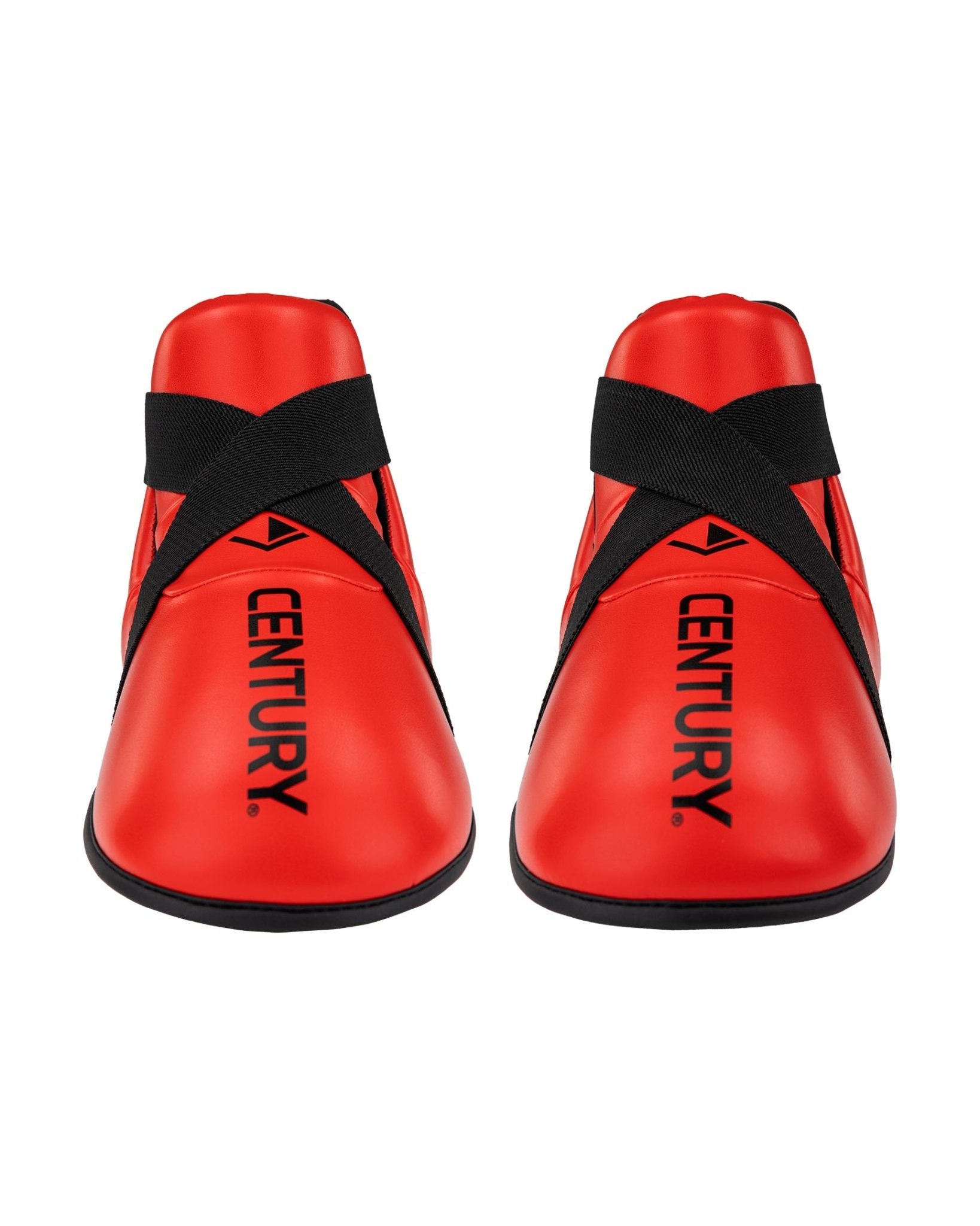 Red ankle boxing kicks with black cross straps and CENTURY logo on sides