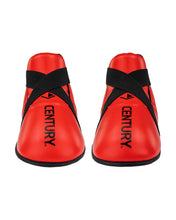Red ankle boxing kicks with black cross straps and CENTURY logo on sides