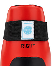 Red ankle boxing kick with WAKO approval patch and 'RIGHT' marking