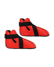 Red ankle kicks with black strap and V-shaped panel detail, side-by-side