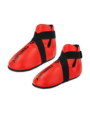 Red ankle kicks with black strap and CENTURY text, angled top view