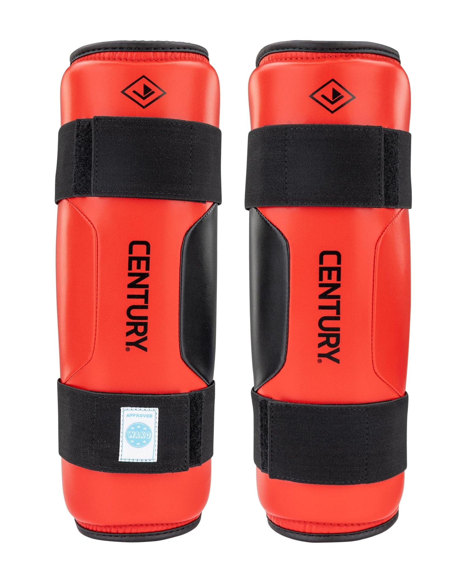 WAKO Drive shin guards (pair) in red and black with EN TURY branding on both guards.
