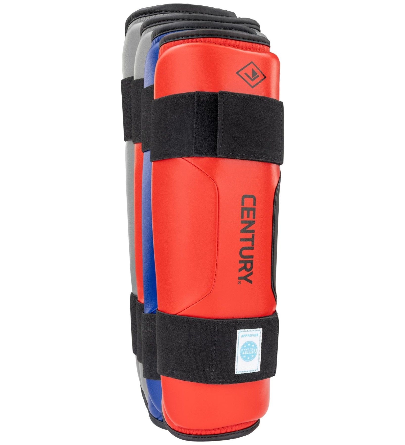 WAKO Drive shin guards in red with black straps, blue accents, and EN TURY text.