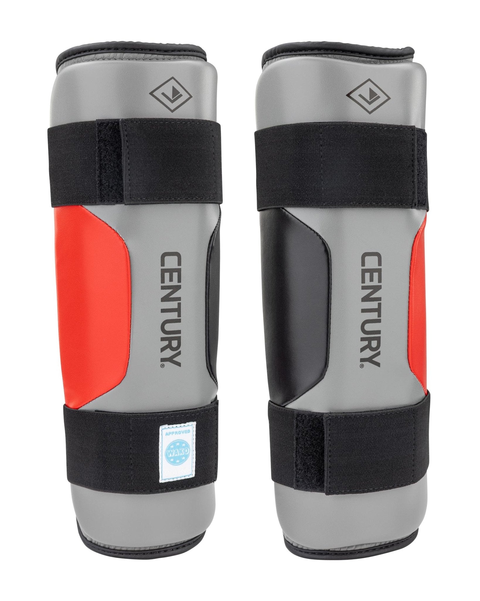 WAKO Drive shin guards (pair) in grey and red with black straps and EN TURY branding.