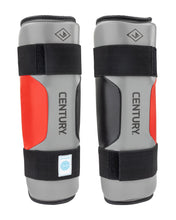 WAKO Drive shin guards (pair) in grey and red with black straps and EN TURY branding.