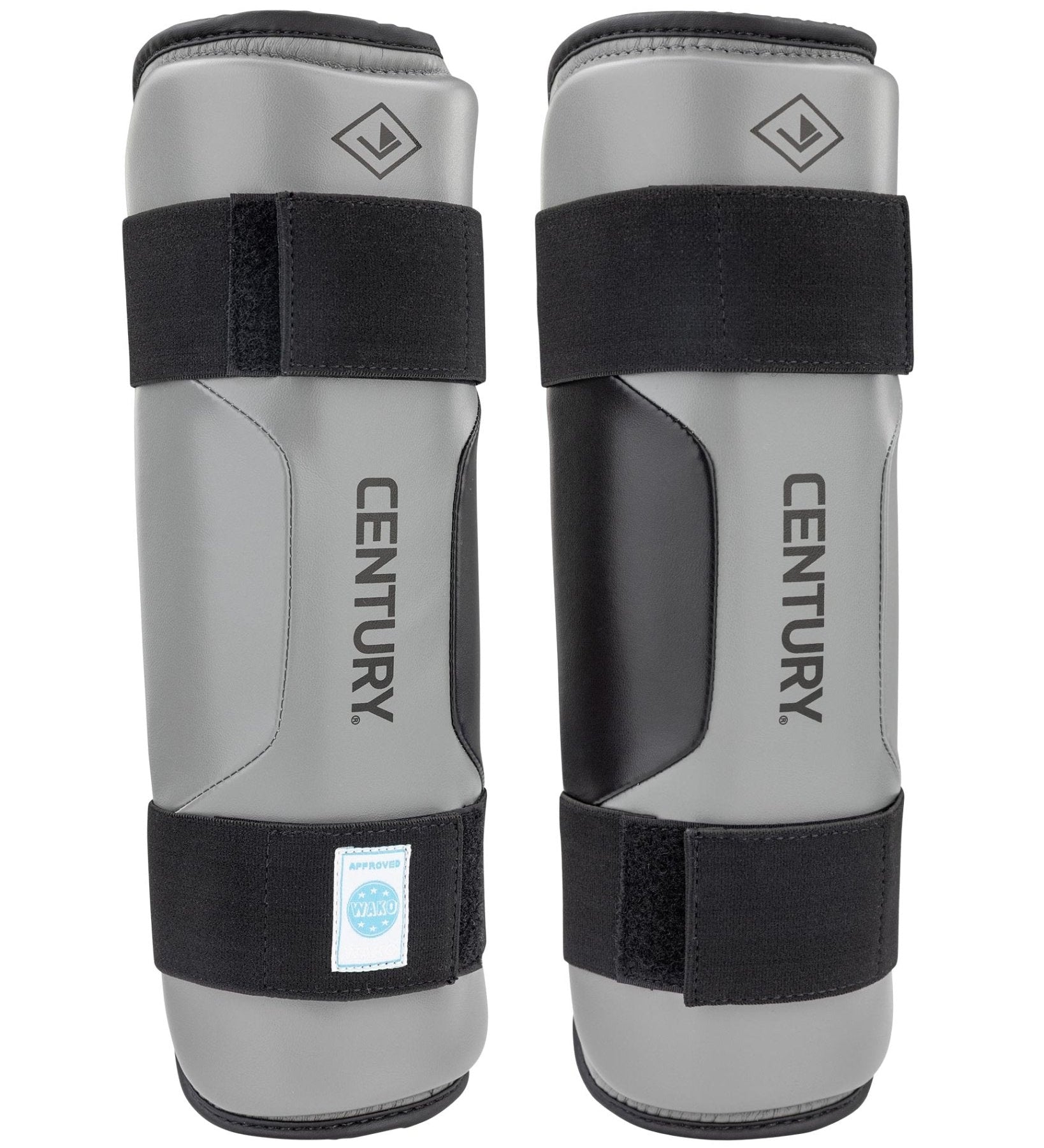 WAKO Drive shin guards in grey with black straps and EN TURY vertical branding.