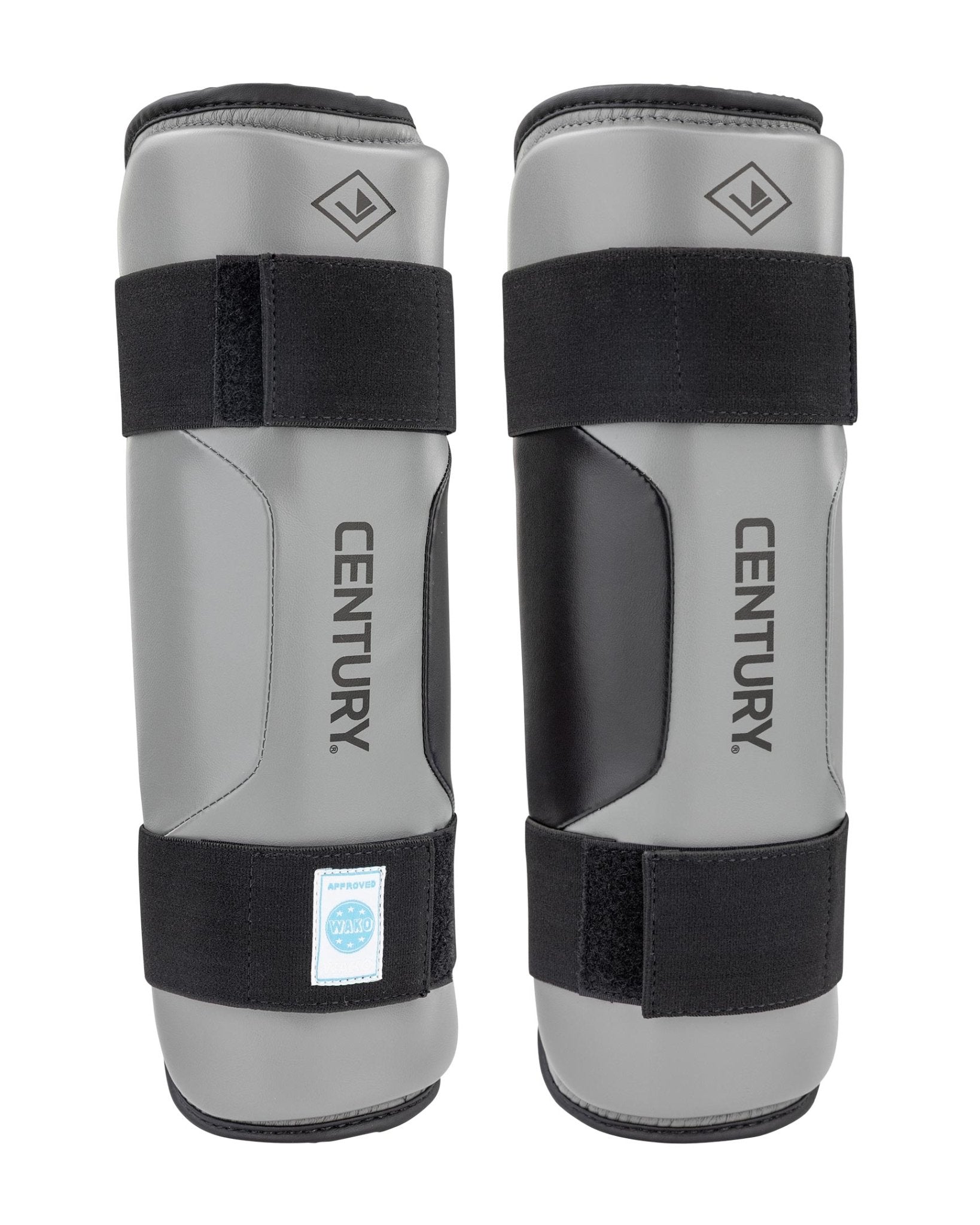 WAKO Drive shin guards in grey with black straps and EN TURY vertical branding.