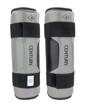 WAKO Drive shin guards in grey with black straps and EN TURY vertical branding.