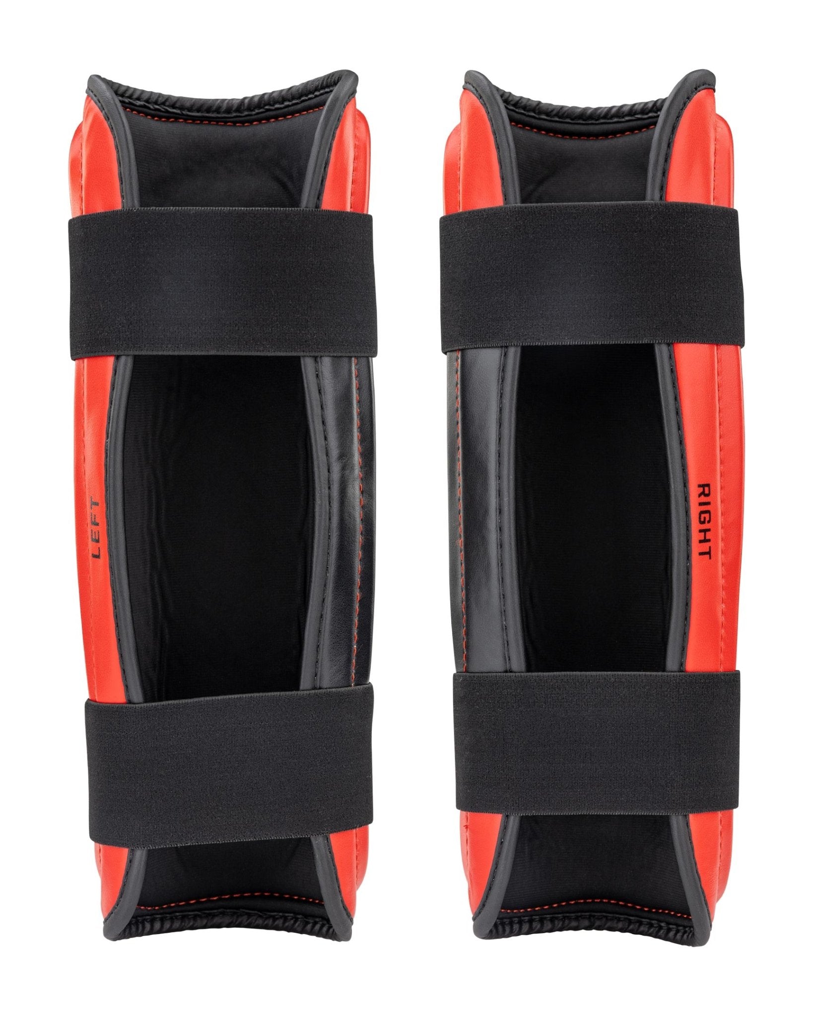WAKO Drive shin guards in red and black, RIGHT side label visible and black fastening strap.