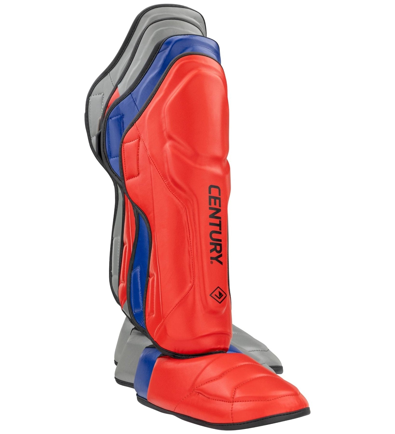 Red, blue, and grey shin instep guards with CENTURY logo and curved padding.