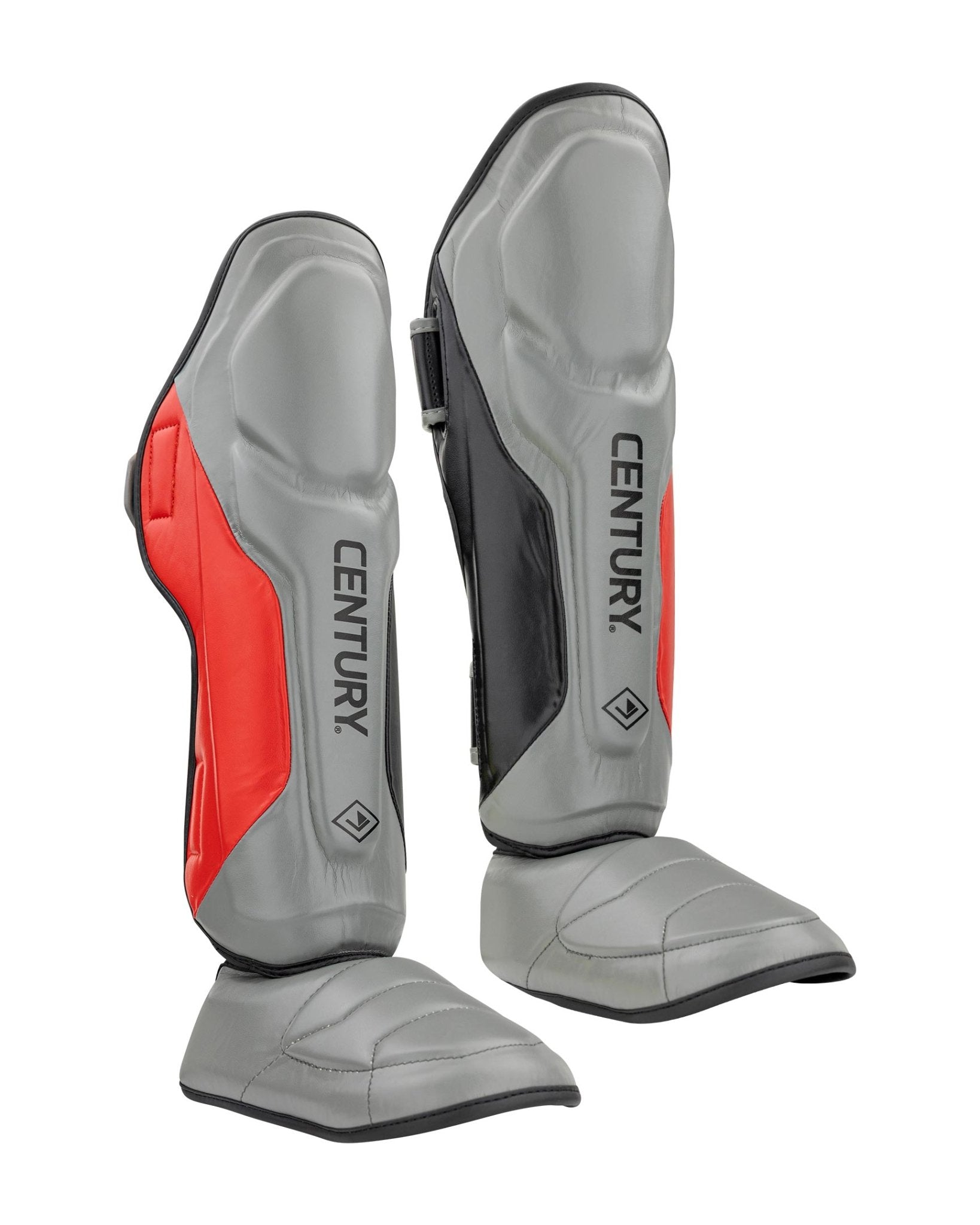 Grey and red shin instep guards with black interior panel and CENTURY logo.