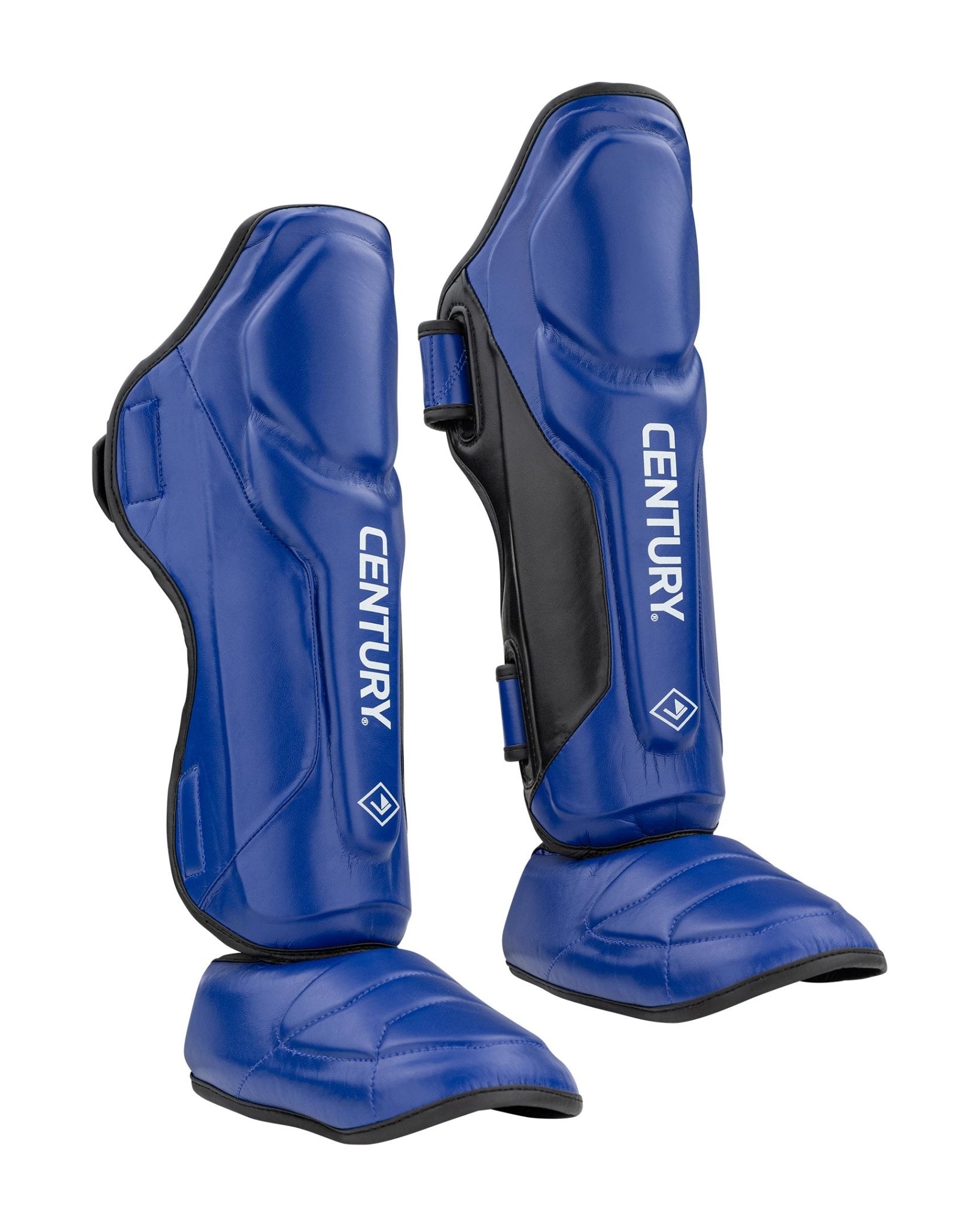 Blue shin instep guards with black side panels and CENTURY logo on guards.
