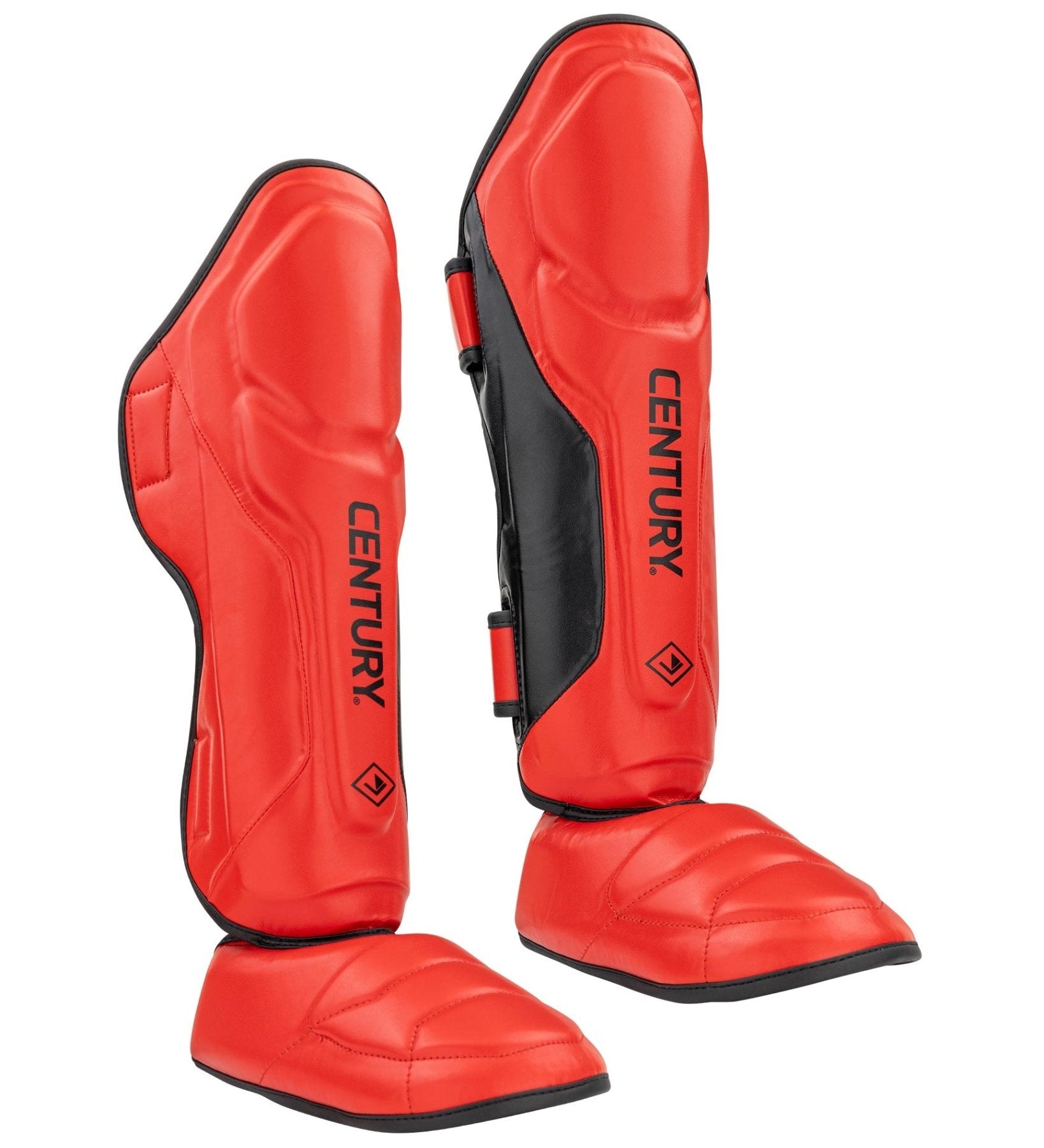 Pair of red shin instep guards with black straps and CENTURY logo on front.