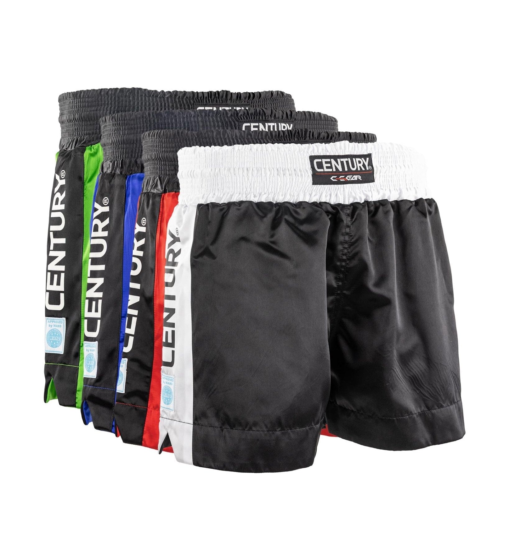Kickboxing shorts, black with side panels in blue, green, red, and white; assorted set