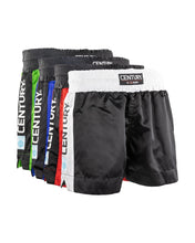 Kickboxing shorts, black with side panels in blue, green, red, and white; assorted set