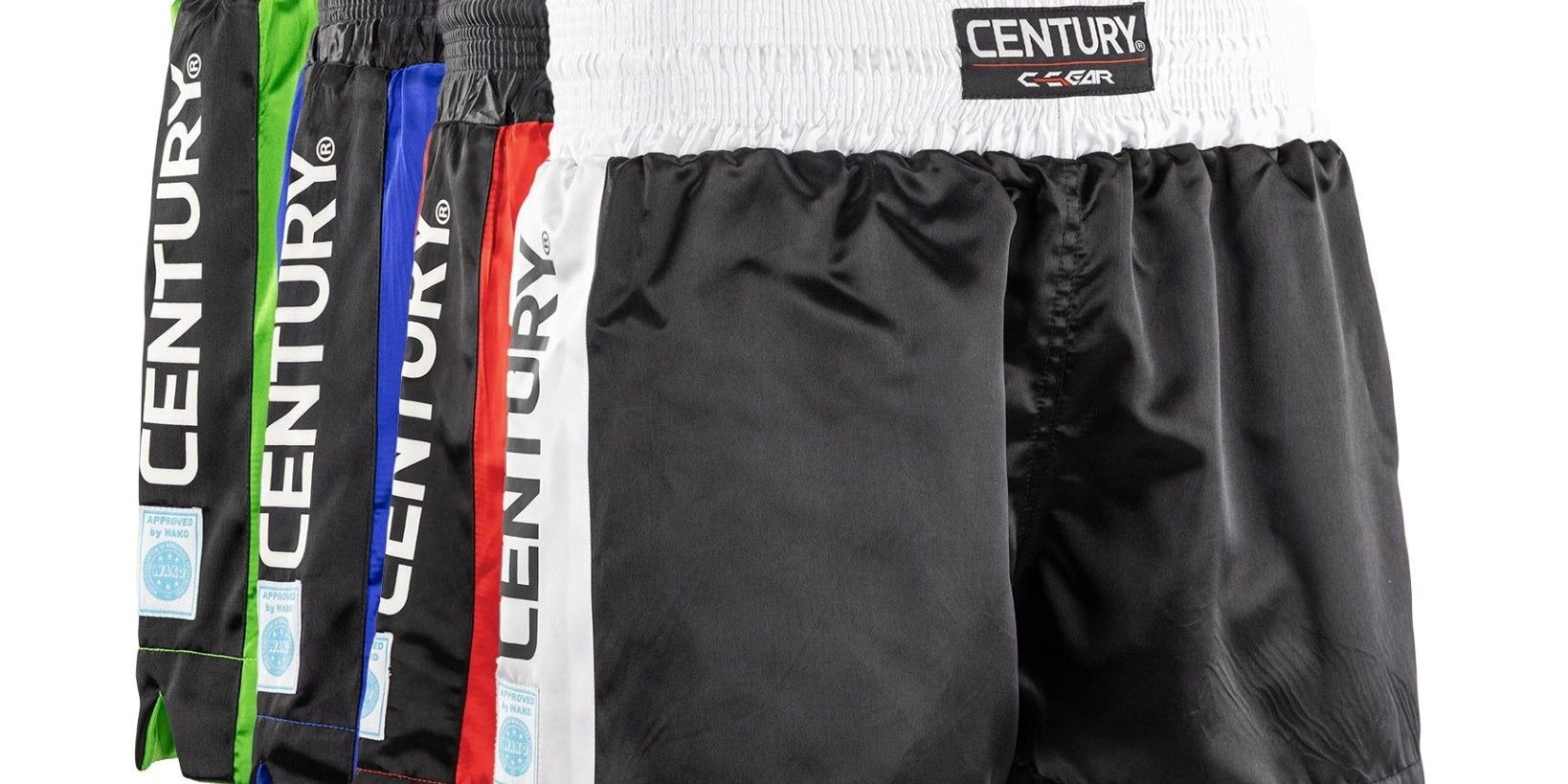 Kickboxing shorts, black with side panels in blue, green, red, and white; assorted set