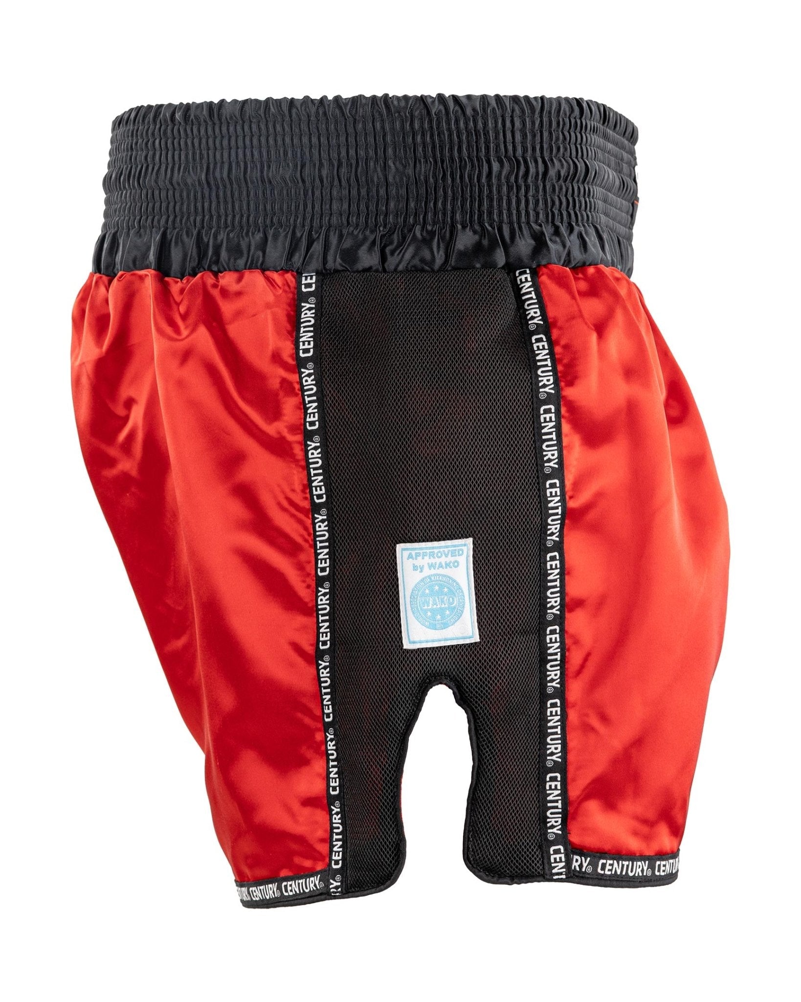 Low kick shorts, red outer with black mesh panel, Century branding on leg