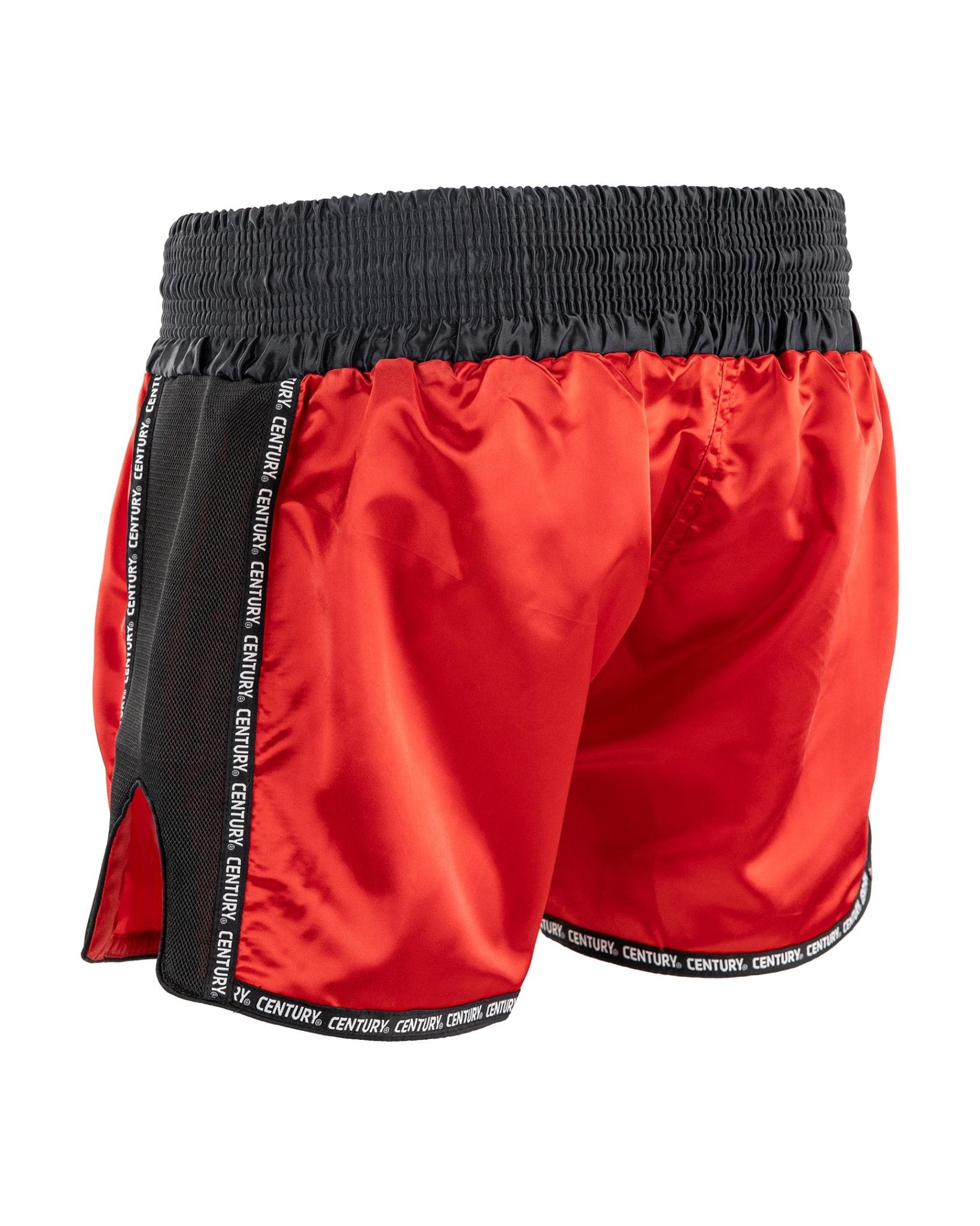 Low kick shorts, red satin outer with black side panels, Century branding