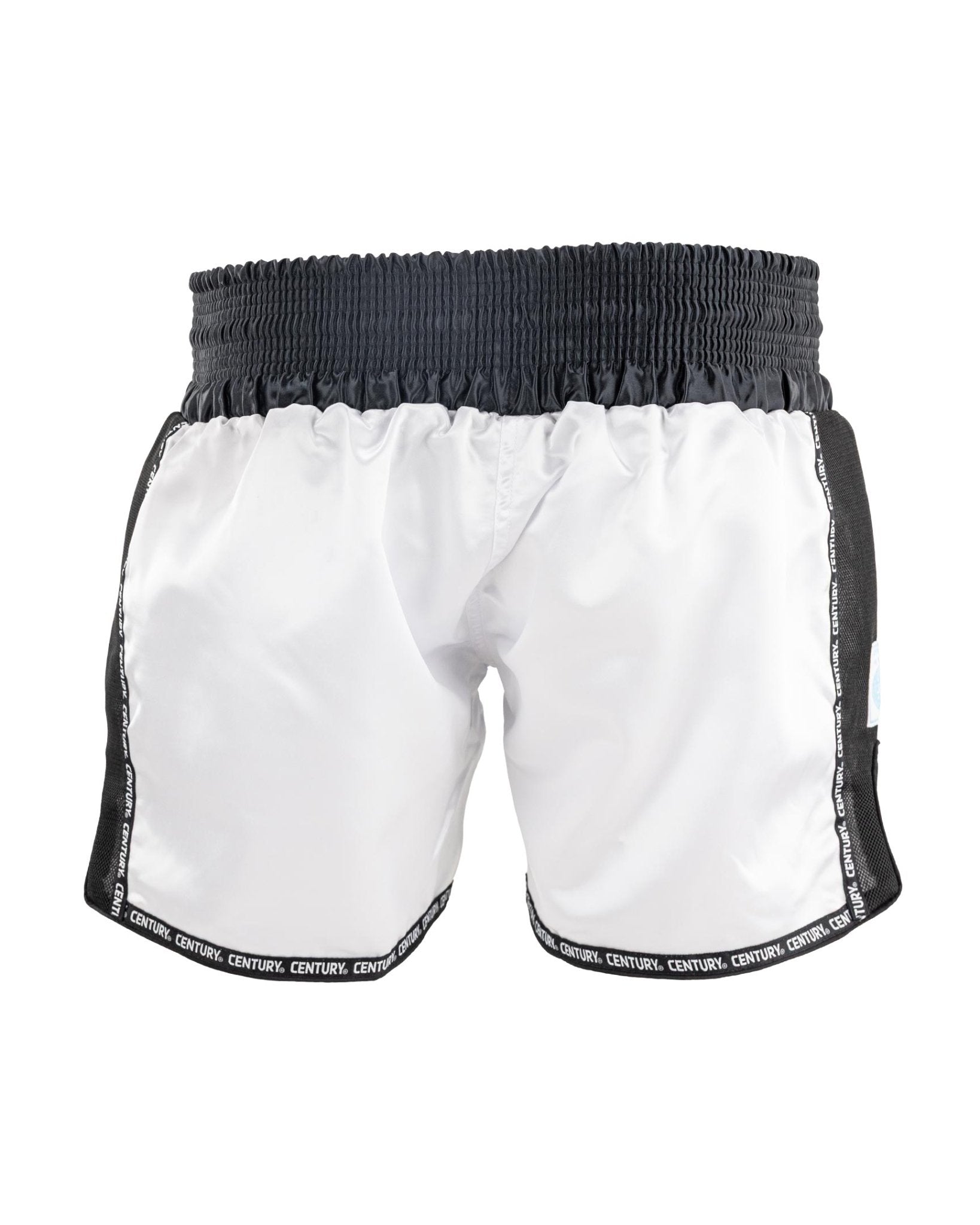 WAKO low kick boxing shorts 2.0 in white with black waistband, front view