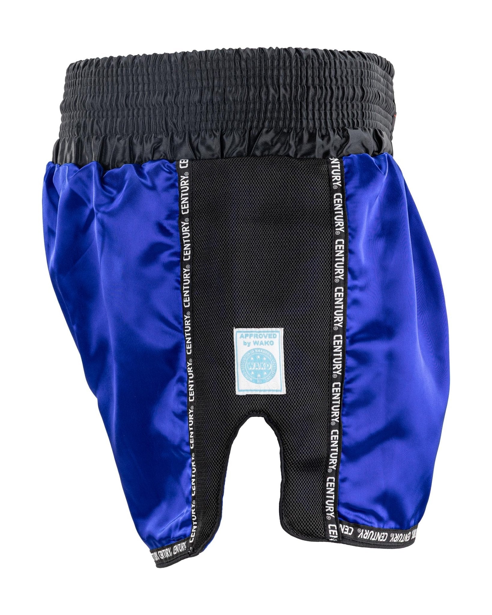 Low kick shorts, blue outer with black mesh panel, Century branding on leg