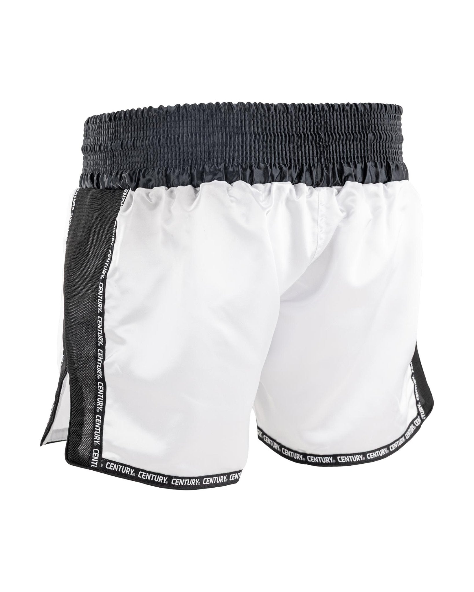 Low kick shorts, white satin outer with black side panels, Century branding