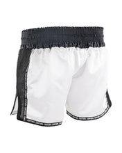 Low kick shorts, white satin outer with black side panels, Century branding