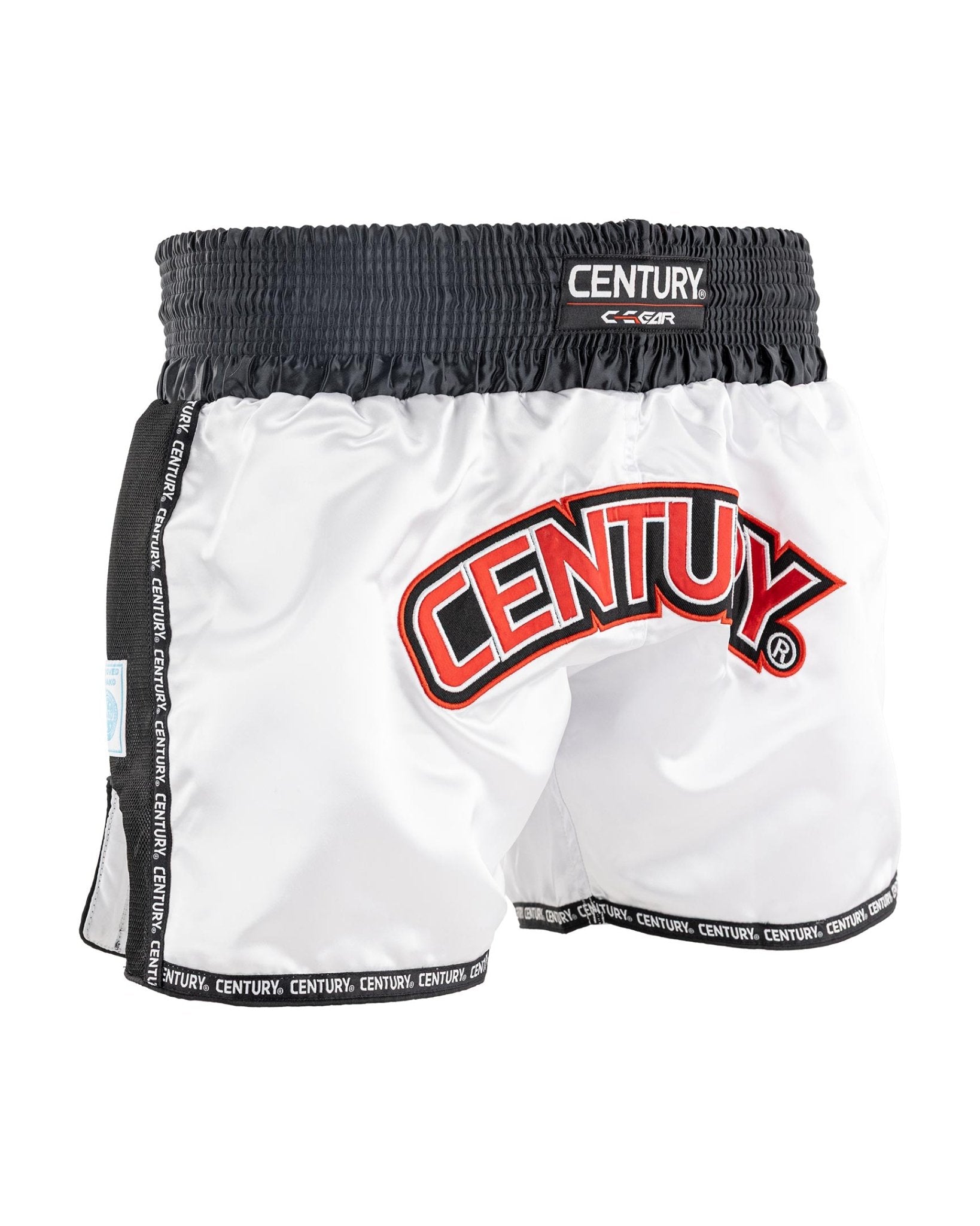 WAKO low kick boxing shorts 2.0 in white with black waistband, Century logo front