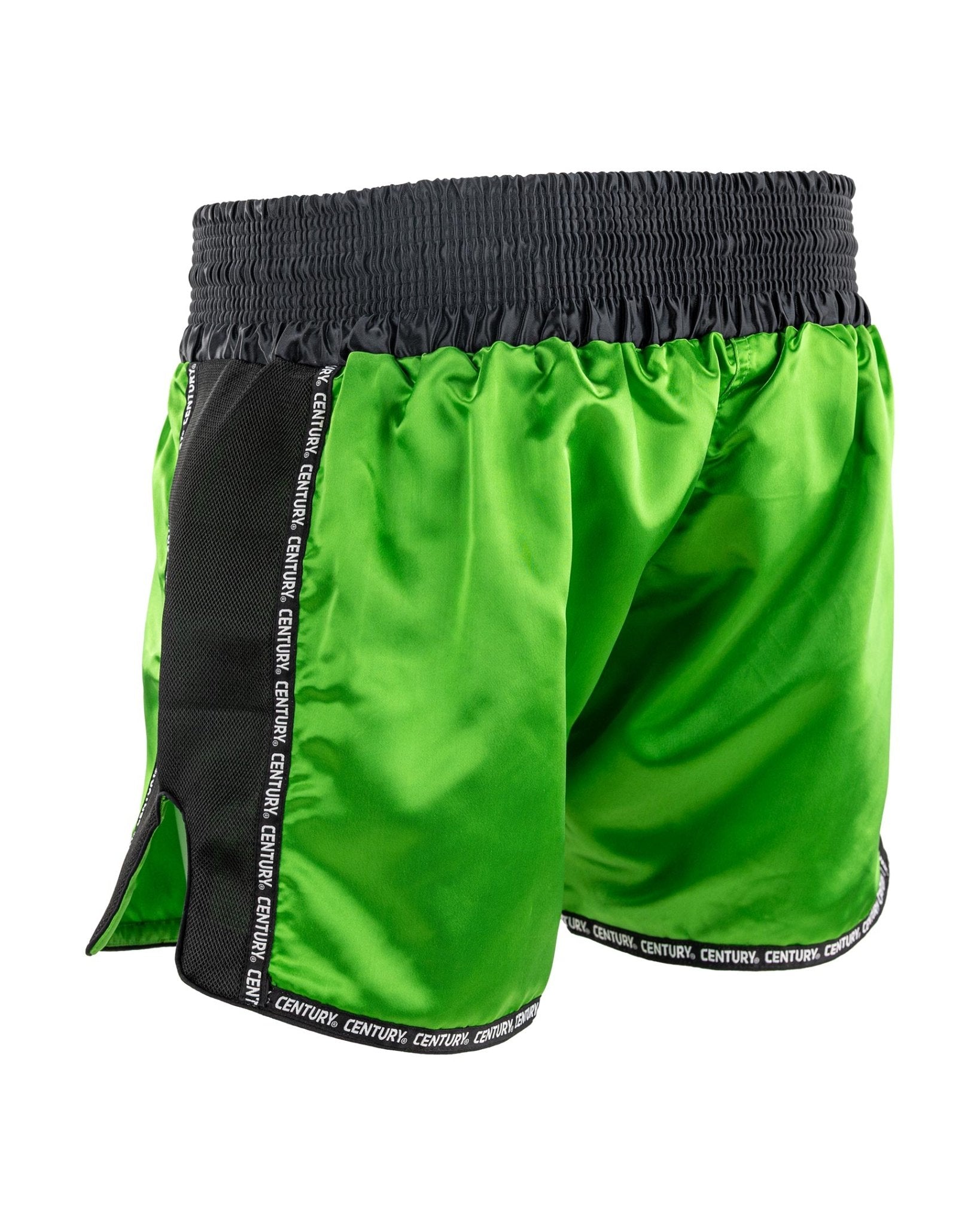 Low kick shorts, bright green satin outer with black side panels and hanging drawstrings
