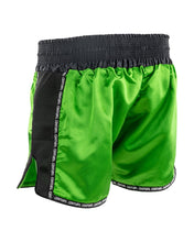Low kick shorts, bright green satin outer with black side panels and hanging drawstrings