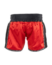 WAKO low kick boxing shorts 2.0 in red with black side panels, front view