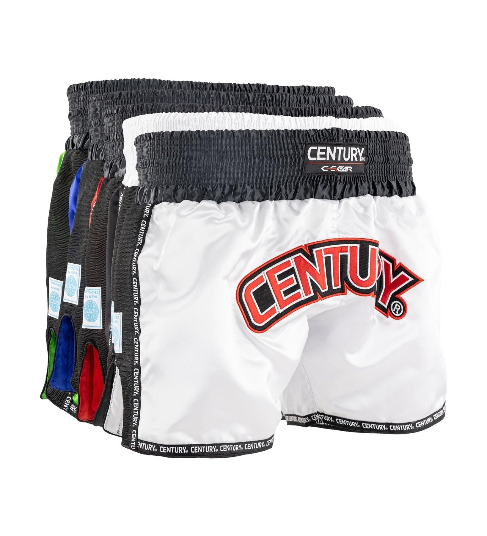 WAKO low kick boxing shorts 2.0 in black and white, Century logo waistband