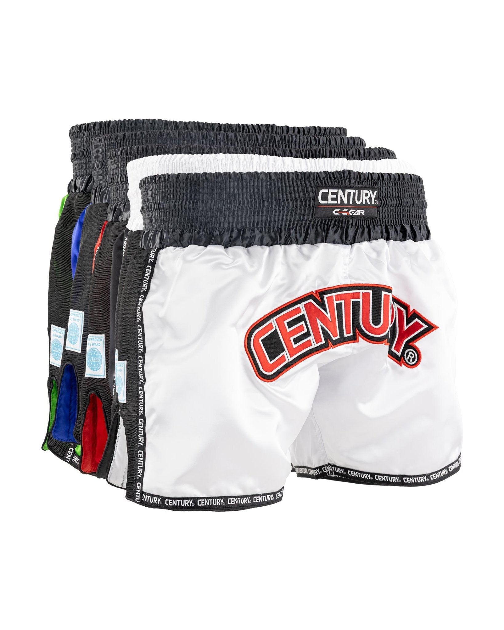 WAKO low kick boxing shorts 2.0 in black and white, Century logo waistband