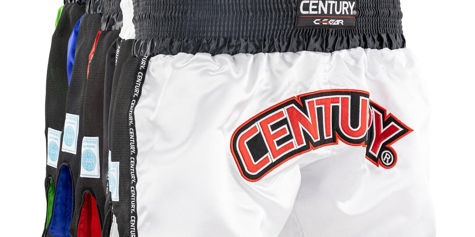 WAKO low kick boxing shorts 2.0 in black and white, Century logo waistband