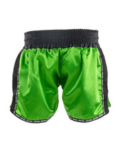 WAKO low kick boxing shorts 2.0 in neon green with black side panels, front view
