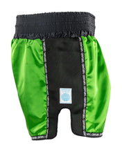Low kick shorts, bright green outer with black mesh panel, Century branding and patch