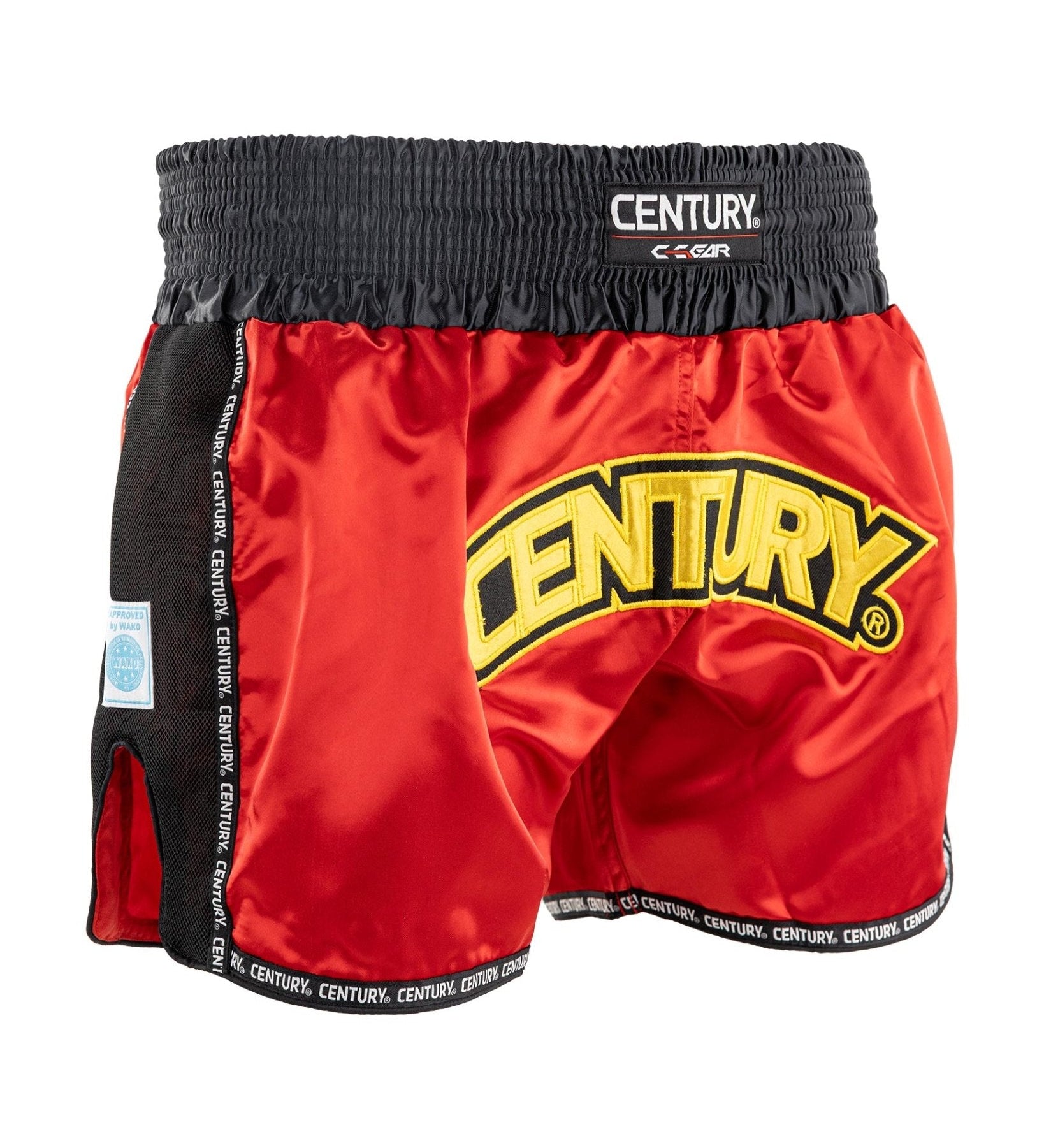 WAKO low kick boxing shorts 2.0 in red with black trim, Century logo on front
