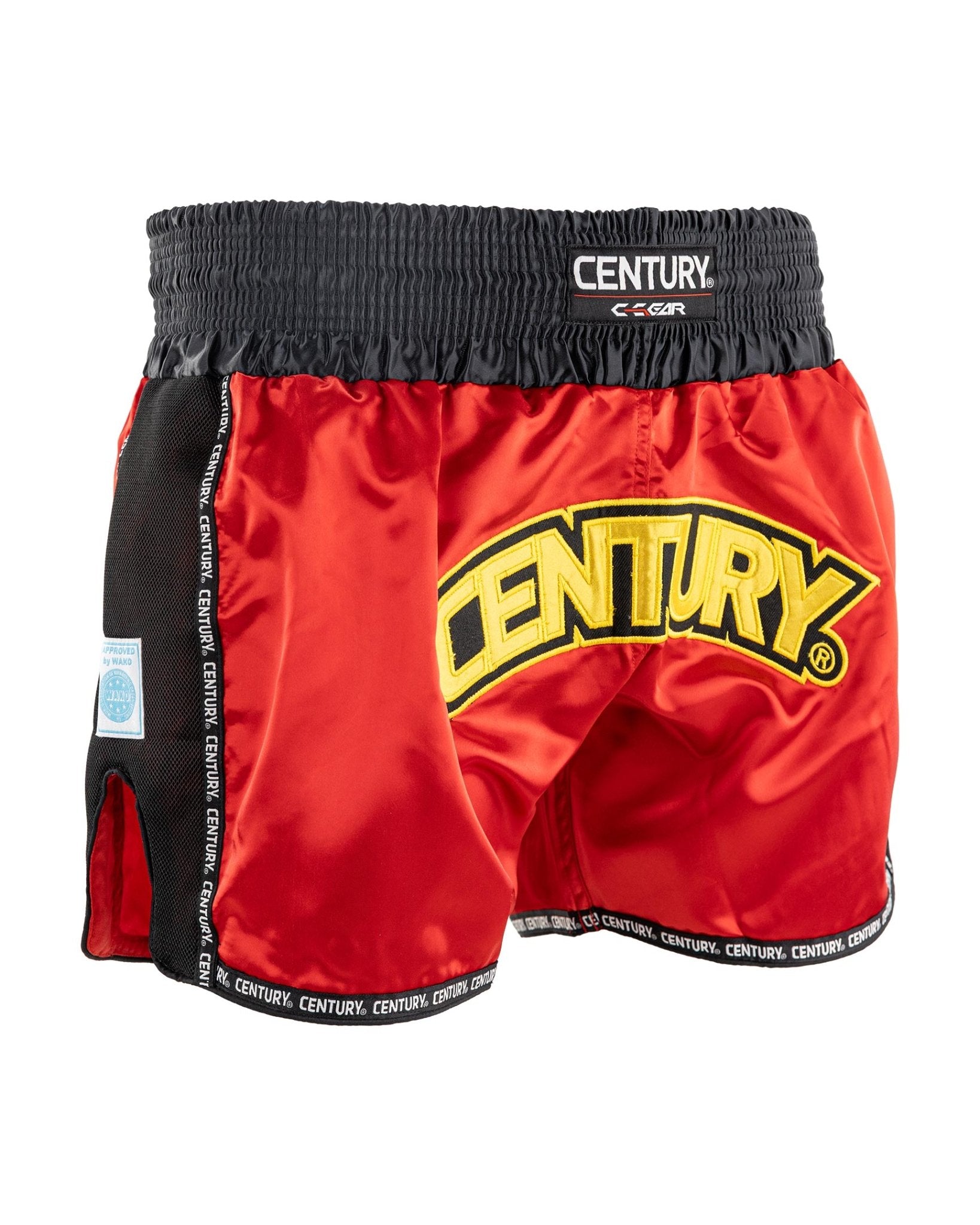 WAKO low kick boxing shorts 2.0 in red with black trim, Century logo on front